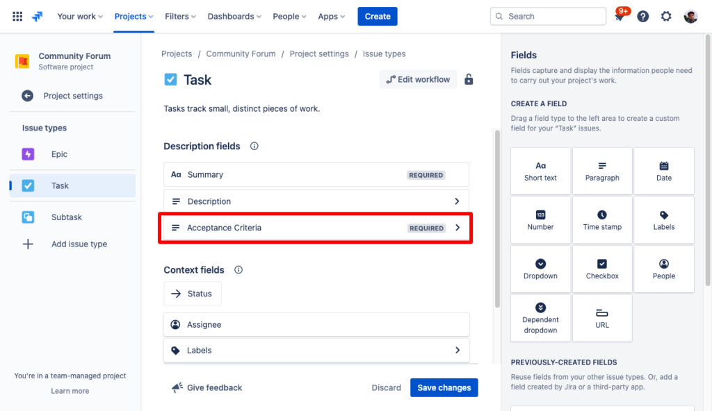 A screenshot of the Jira task field customization screen, showing the addition of a custom free-text field titled "Acceptance Criteria."