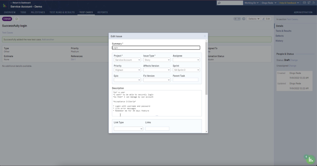 A screenshot from TestRail, showing the ability to edit a linked Jira ticket directly from the associated TestRail test case.