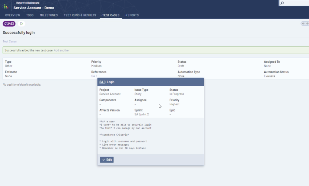 A screenshot from TestRail showing a test case with the Jira integration installed and information from a linked Jira story.