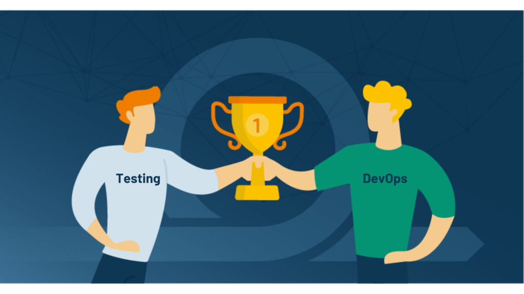 People sharing a trophy wearing DevOps and Testing shirts. 5 Effective Steps to Align Testing with DevOps
