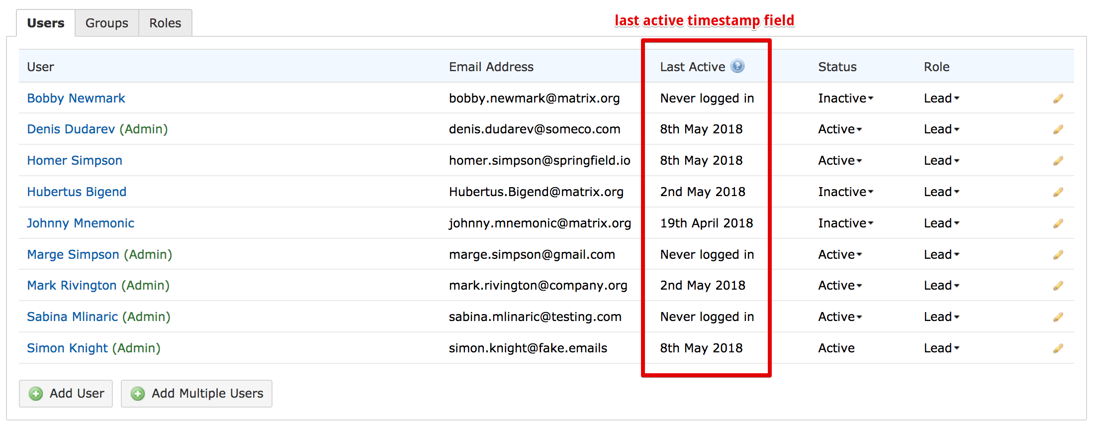 last active column in the users and roles administration area